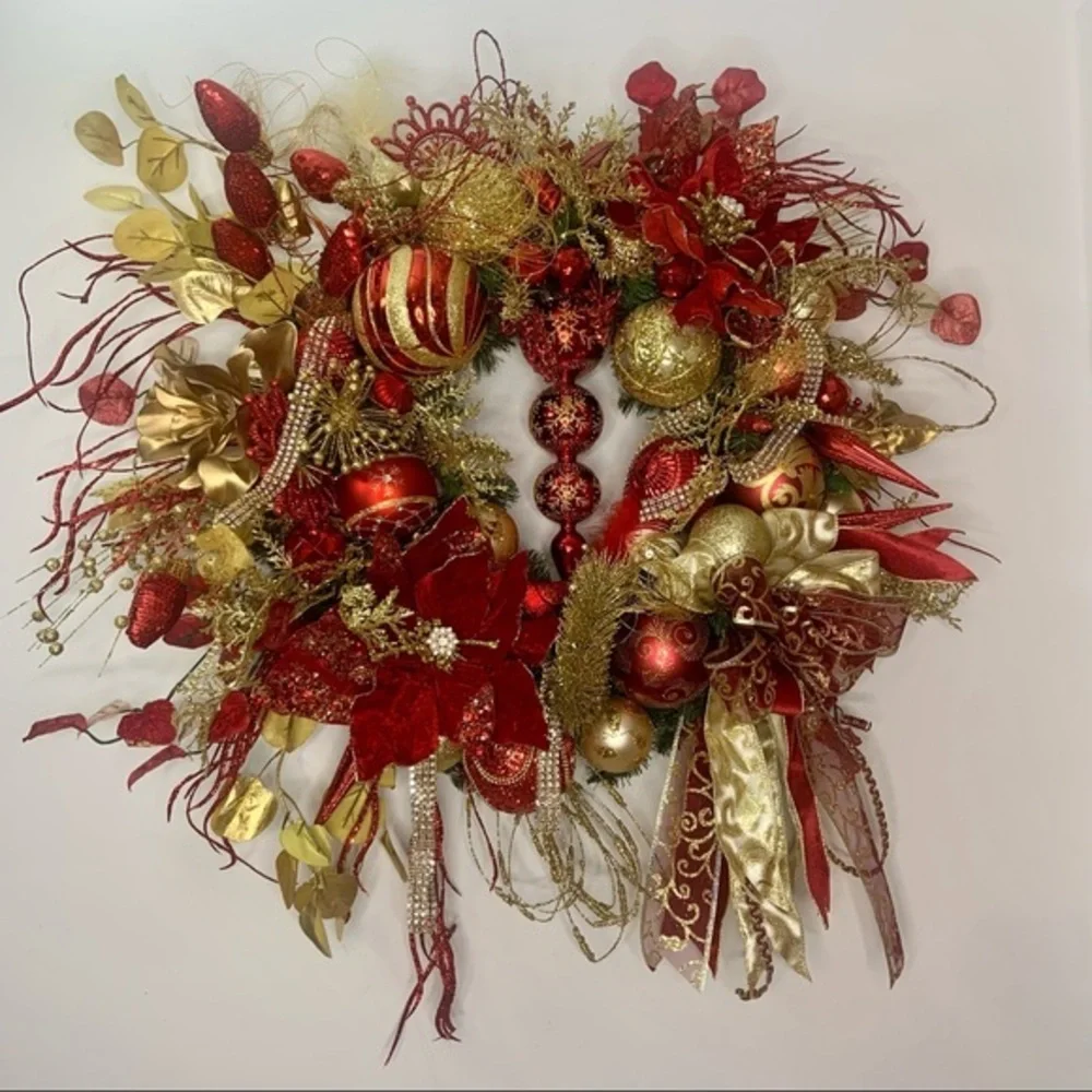 New Elegant Large Christmas Red Gold Sparkling Poinsettia Door Wall Wreath